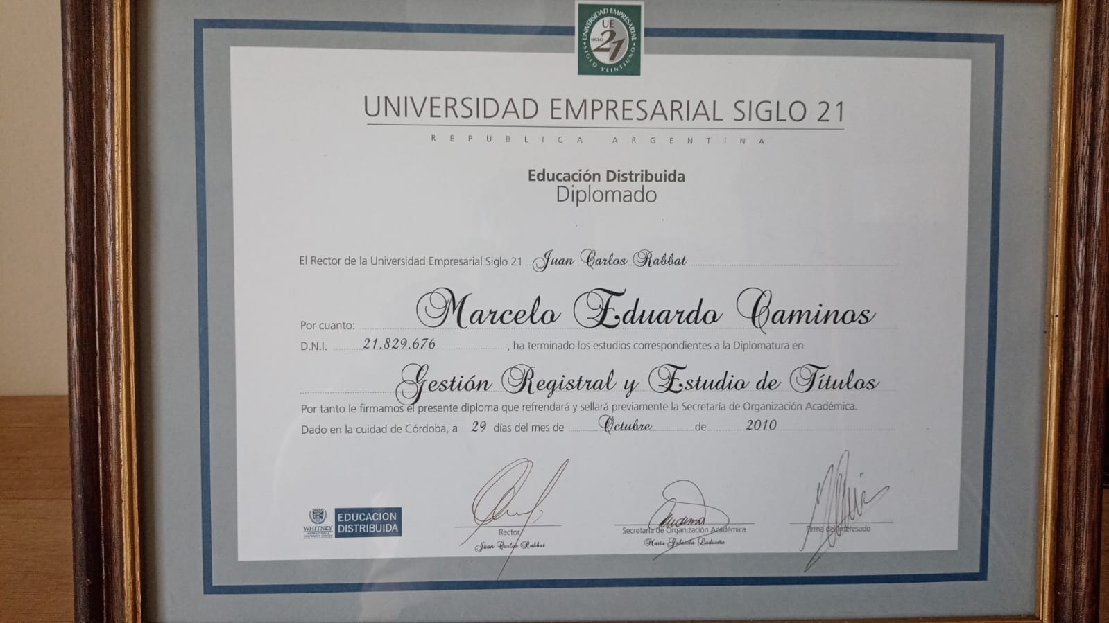 Certificado profesional de Marcelo Caminos